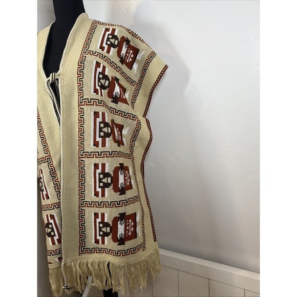 Southwest Aztec Poncho Kimono With Tie Closure Fringe Hem - Picture 12 of 14